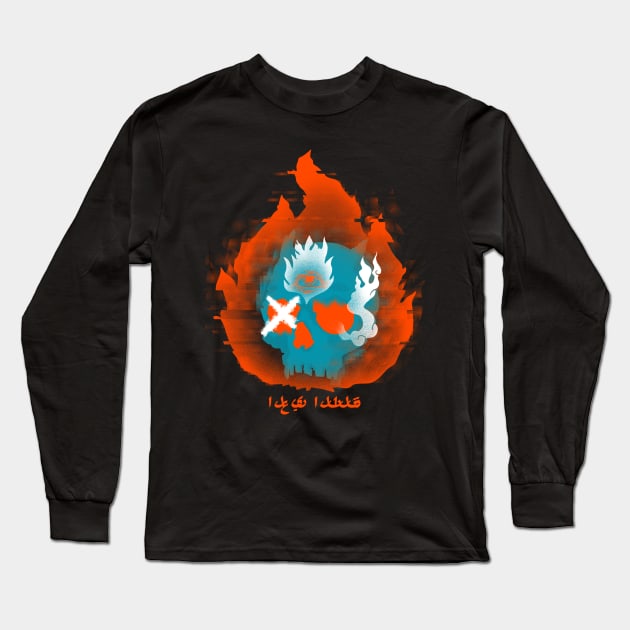 Flaming Skull with Glitching Effect Long Sleeve T-Shirt by ER Merch 